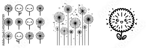 Dandelion line icon featuring white and black colors, part of a modern dandelion collection for web, mobile apps, and UI design