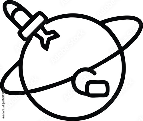 Space exploration line art showing spaceship orbiting a planet with rings