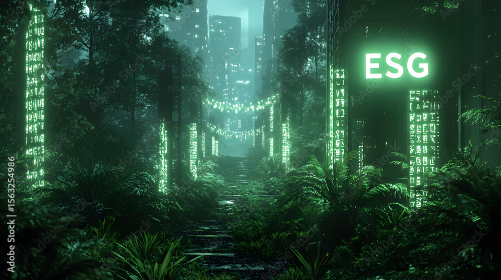 Fototapeta premium Digital illustration of ESG concept with data analytics charts and nature elements, symbolizing ethical, sustainable, and responsible business reporting and environmental stewardship 34395445 4