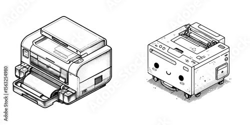 Modern illustration featuring an isometric printer on a white background