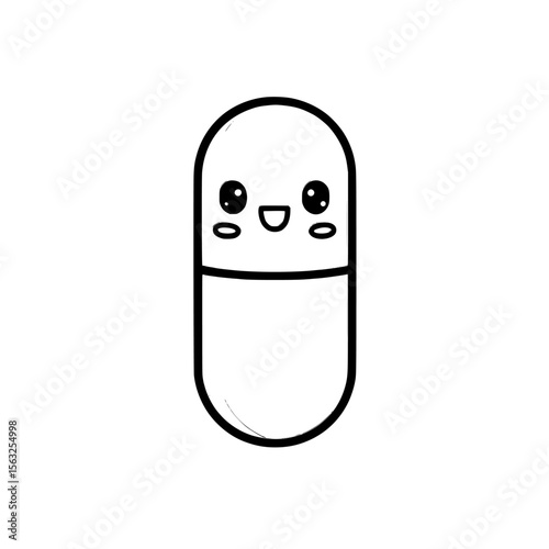 A modern illustration of a happy tablet and a cute character made of pills, both in flat style, are set on an isolated background to signify the concept of medical drugs in a business context