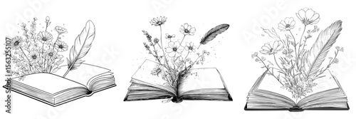 Illustration of a book with wildflowers, floral patterns, and a feather, presented as isolated clip art, along with a hand-drawn print of book lovers