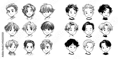 Modern male cartoon boys are styled with a hair collection in a png design for fashion