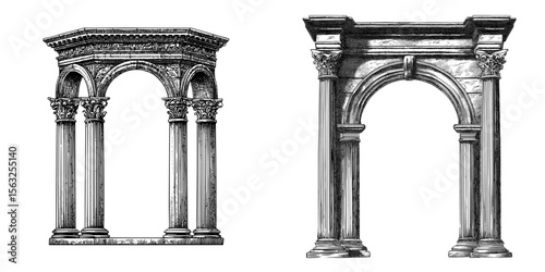 Roman greek antique line art features column arch pillar frame as its main element