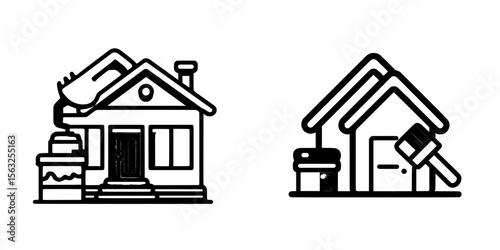 Home renovation is represented by an icon that comes in a range of styles, from line to glyph and filled outline, and is showcased as a colorful symbol or logo illustration