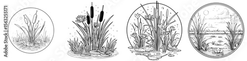 Swamp scene featuring cattails and lilies, represented as a linear icon, with a line that has an editable stroke