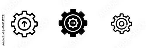 A black single round system update icon, represented by a simple cogwheel process circle glyph, is depicted in modern flat design as an infographic interface element suitable for an app logo or web