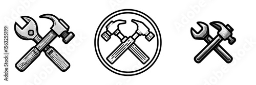 Modern icon illustration featuring crossed hammer and spanner, symbolizing carpentry and construction tools