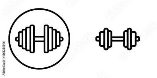 This modern illustration features a black and white barbell icon, which serves as a weight-lifting symbol, isolated on a white background, exemplifying sport equipment