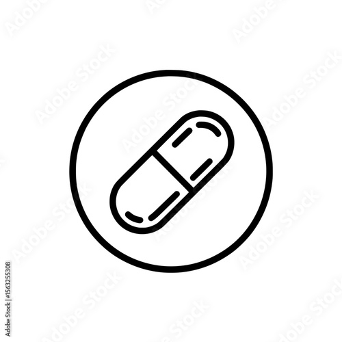 A modern infographic symbol, the black single round steroids free line icon represents a simple antibiotic ingredient, designed for use as an app logo or web button in ui ux interface, set against a