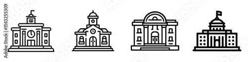 The city hall building is represented by an icon in a simple outline style, symbolizing municipal, hall town, embassy, council, and government concepts through a thin line symbol in a modern