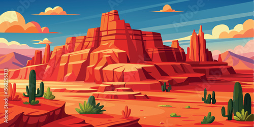 Vibrant Southwestern Desert Landscape:  Stylized Red Rock Formations, Cactus, Sunny Sky,  Warm Color Palette,  Illustrative Vector Art,  Travel and Adventure Theme.