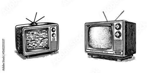 Please wait while the television signal program is prepared, accompanied by the classic icon of old TV static and a retro illustration of TV screen adjustment
