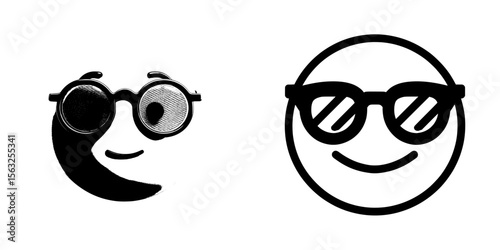The image features a cool emoticon with glasses, presented in a modern style, and includes a 3D smiley or emoticon that is smirking while wearing sunglasses, next to a yellow ball emoji