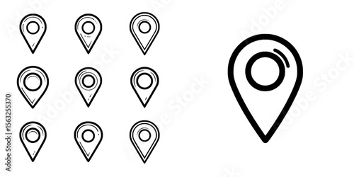 Map marker pointer icons, including a location pin and place marker, form a collection of GPS location symbols