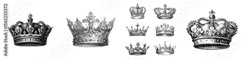 Modern illustration of luxurious decals, beautiful diadem, fellow crowned tiara, and a hand down king or queen crown sketch
