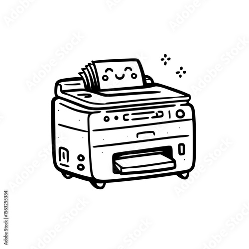 Modern illustration depicts a printer printing documents alongside a black sign icon