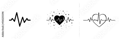 A red heartbeat line icon on an ECG represents a heartbeat, accompanied by a modern illustration of a pulse trace, EKG, and cardio symbols, embodying a healthy and medical concept in a modern