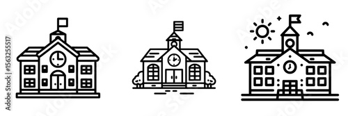 The icon of a modern school building is depicted in a flat, trendy style, complete with a flag and clock, set against a plain white background