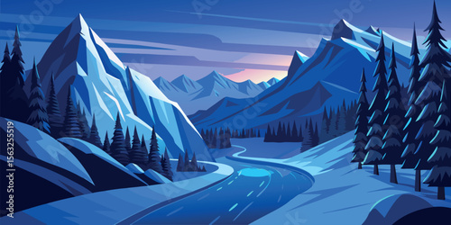 Serene Twilight Mountain Road:  Stylized Vector Illustration of a winding road through a snow-covered landscape, majestic blue mountains, and evergreen trees under a twilight sky.
