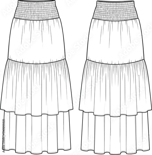 Tiered Long Skirt with Smocked Waistband – Fashion Flat Sketch Vector Template.
