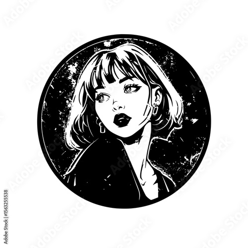 A modern illustration of a beautiful woman, characterized by her grunge gothic tattoo, embodies the y2k aesthetic while blending modern and 90s vintage glam styles, captured in a black and white