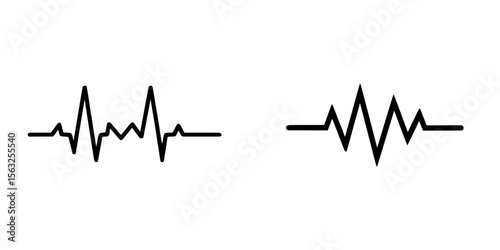A modern design featuring heartbeat, pulse line, ECG, EKG cardiogram as a silhouette line icon, accompanied by a heart beat red graph icon, a heartbeat wave, and a heartbeat sign
