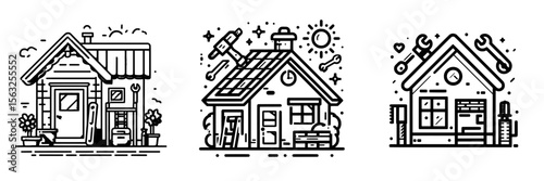 The linear icon for home repair features a roof and tools, symbolizing the process of repairing and constructing roofs