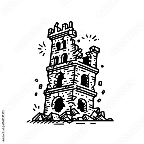 A symbol of war and destroyed construction is represented by a modern isolated icon of a ruined building