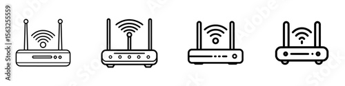 Modern icon representing a wifi router with editable stroke, featuring antennas and wave signals for wireless internet connection