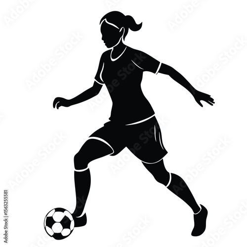 Silhouette of a female soccer player dribbling a ball football woman