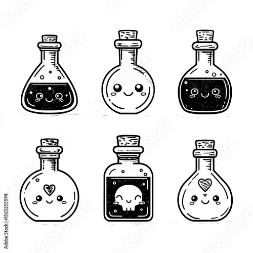 Icon set for potion, including a modern flask sign, poison symbol, and a pictogram of a glass with liquid chemical, representing a magic drink