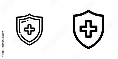 A protection shield featuring a medical cross, serving as a modern icon for safe health aid, verified drugs, and medicaments, with an editable stroke for customization