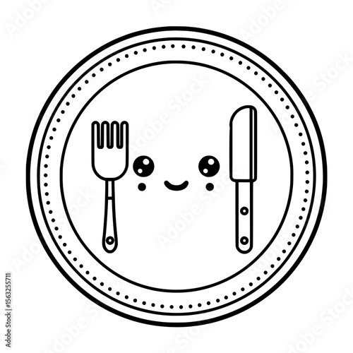 Dining and tableware linear icon featuring a plate, fork, and knife, with the option to edit stroke width