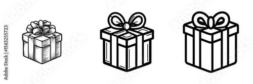 Wrapped present icon in linear style, featuring a gift with a bow and editable stroke width