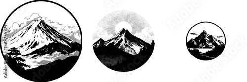Modern illustration of a majestic mountain silhouette in black and white, presented as a mountain range clipart