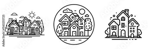 The icon represents a residential community in a linear style, featuring private houses with editable stroke width