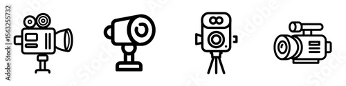 A contemporary symbol for a video camera, embodying media, recording, and cinematic concepts, presented in a simple black and white aesthetic with an editable stroke