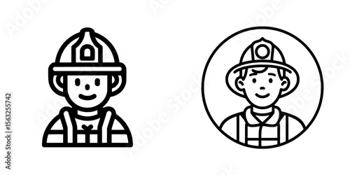 A fire fighter badge represented by a line icon in a modern flat illustration style, isolated on white, serving as a personal identity emblem