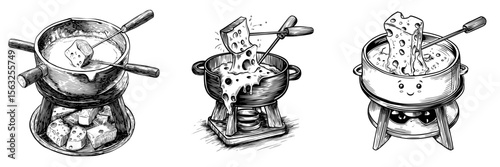 The illustration features a sketch of Swiss cheese fondue, along with a hand-drawn food image, a melted cheese symbol, and a modern raclette picture, none of which are stock