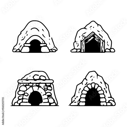 Illustrations of cave icons in modern style, including stone cave frames, entrances to stone caves, and old caves in rock, are depicted as cave icons