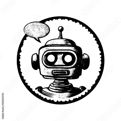 The design concept for a chat bot logo features a robot head with a speech bubble, enclosed in a blue circle on a white background, representing a modern and cute support service bot illustration