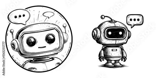 Icon of a Chat Bot, featuring a virtual intelligent assistant symbol, with a robotic head and speech bubble enclosed in a circle, representing customer support services through a modern illustration