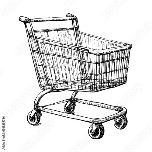A hand-drawn modern sketch illustration in doodle engraved line art vintage style featuring an empty shopping cart with a doodle and line art illustration style