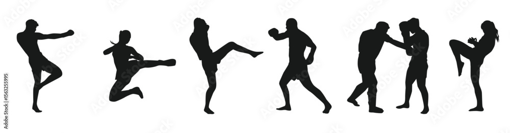Obraz premium muay thai kickboxing vector silhouettes set white background different pose martial arts sport