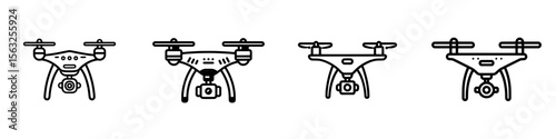 A modern icon depicting a drone, specifically a quadcopter, is available, along with a flat-style illustration of a drone with a camera, presented in a contemporary isolated format