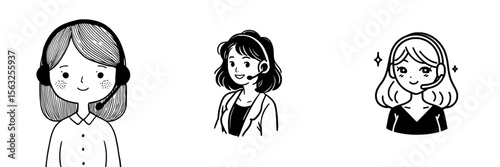 Black and white minimalist icon of a female customer service representative wearing a headset, symbolizing support and communication