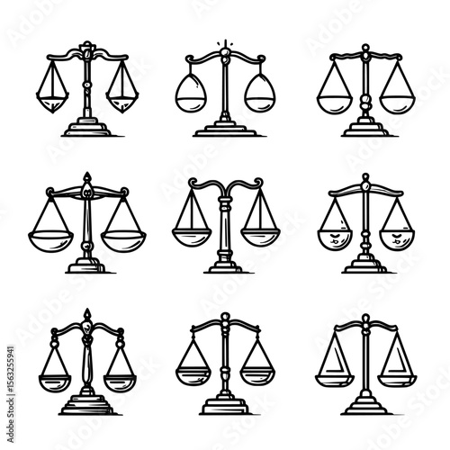 Law scale icon set represents the symbol of justice scales and the judge's equality sign in a modern illustration with editable stroke