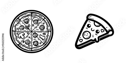 The concept of a pizzeria sign and business is represented by a modern, flat-style illustration of a 3D pizza icon with pepperoni on an isolated background