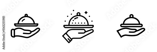 The concept of food service, hospitality, and restaurants is represented by a black and white line icon featuring a serving dish on a hand, presented in a modern style with an editable stroke